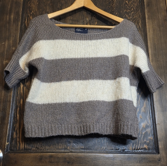 American Eagle Outfitters Oversized Crop Gray/Purple & White Striped Sweater - Picture 2 of 8